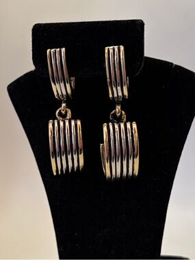 🟨Vintage Bold Gold & Silver Tones Striped Dangle/Drop Earrings